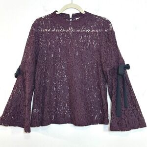 Loft Eggplant Purple Crochet Lace High Neck Bell Sleeve Blouse Size Small